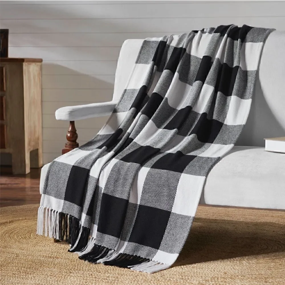 NEW! Black White Buffalo Plaid 100% Cotton Throw Blanket Fringed Cozy Warm
